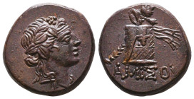 PONTOS. Amisos. Time of Mithradates VI Eupator (Circa 105-90 or 90-85 BC). Ae. Obv: Head of Dionysos right, wearing ivy wreath. Rev: AMIΣOY. Thyrsos l...
