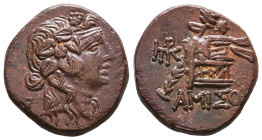 PONTOS. Amisos. Time of Mithradates VI Eupator (Circa 105-90 or 90-85 BC). Ae. Obv: Head of Dionysos right, wearing ivy wreath. Rev: AMIΣOY. Thyrsos l...