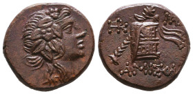 PONTOS. Amisos. Time of Mithradates VI Eupator (Circa 105-90 or 90-85 BC). Ae. Obv: Head of Dionysos right, wearing ivy wreath. Rev: AMIΣOY. Thyrsos l...