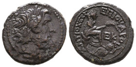 SELEUCIS & PIERIA. Antioch. Augustus (27 BC-AD 14). Ae. Obv: Laureate head of Zeus right; palm branch to left. Rev: ΑΝΤΙΟΧΕΩΝ ΕΠΙ ΟΥΑΡΟΥ . Tyche seate...