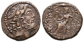 SELEUCIS & PIERIA. Antioch. Ae Tetrachalkon (38-35 BC). Obv: Laureate head of Zeus right. Rev: ANTIOXEΩN MHTPOΠOΛEΩΣ / ΑΥΤΟΝΟΜΟΥ. Zeus Nikephoros seat...