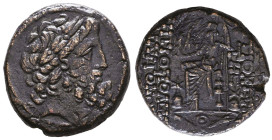 SELEUCIS & PIERIA. Antioch. Ae Tetrachalkon (38-35 BC). Obv: Laureate head of Zeus right. Rev: ANTIOXEΩN MHTPOΠOΛEΩΣ / ΑΥΤΟΝΟΜΟΥ. Zeus Nikephoros seat...
