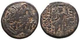 SELEUCIS & PIERIA. Antioch. Ae Tetrachalkon (38-35 BC). Obv: Laureate head of Zeus right. Rev: ANTIOXEΩN MHTPOΠOΛEΩΣ / ΑΥΤΟΝΟΜΟΥ. Zeus Nikephoros seat...