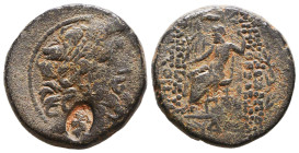 SELEUCIS & PIERIA. Antioch. Ae Tetrachalkon (38-35 BC). Obv: Laureate head of Zeus right. Rev: ANTIOXEΩN MHTPOΠOΛEΩΣ / ΑΥΤΟΝΟΜΟΥ. Zeus Nikephoros seat...