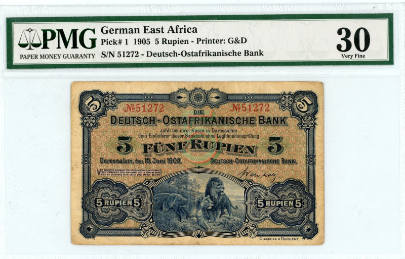 German East Africa
Deutsch-Ostafrikanische Bank
5 Rupien, 15th June 1905
S/N 512...