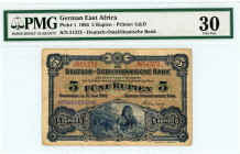 German East Africa
Deutsch-Ostafrikanische Bank
5 Rupien, 15th June 1905
S/N 51272 
Printer G&D 
Pick 1  Graded Very Fine 30 PMG.