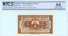 Greece
National Bank of Greece (ΕΘΝΙΚΗ ΤΡΑΠΕΖΑ ΤΗΣ ΕΛΛΑΔΟΣ)
5 Drachmai, 17th December 1926
S/N MΘ072 891647
Printer ABNC
Pick 87a; Pitidis 83a  Graded...