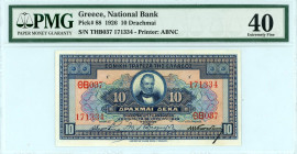 Greece
National Bank of Greece (ΕΘΝΙΚΗ ΤΡΑΠΕΖΑ ΤΗΣ ΕΛΛΑΔΟΣ)
10 Drachmai, 15th July 1926
S/N THB037 171334
Printer ABNC
Pick 88; Pitidis 84a  Graded Ex...