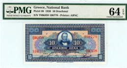 Greece
National Bank of Greece (ΕΘΝΙΚΗ ΤΡΑΠΕΖΑ ΤΗΣ ΕΛΛΑΔΟΣ)
10 Drachmai, 15th July 1926
S/N THK058 106779
Printer ABNC
Pick 88; Pitidis 84b  Graded Ch...