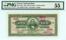Greece
National Bank of Greece (ΕΘΝΙΚΗ ΤΡΑΠΕΖΑ ΤΗΣ ΕΛΛΑΔΟΣ)
100 Drachmai 1926 (ΝΕΟΝ 1926)
S/N AΞ066 712,613
Printer.Bradbury,Wilkinson & Co
Red Ovpt N...