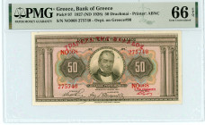 Greece
Bank of Greece (ΤΡΑΠΕΖΑ ΤΗΣ ΕΛΛΑΔΟΣ)
50 Drachmai, 13th May 1927
S/N NO068 275740 Printer American Bank Note Company
Pick 97; Pitidis 96b  Grade...