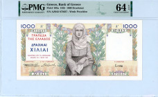 Greece
Bank of Greece (ΤΡΑΠΕΖΑ ΤΗΣ ΕΛΛΑΔΟΣ)
1000 Drachmai, 1st May 1935
S/N AZ043 873637
Watermark : Poseidon
Pick 106a; Pitidis 105  Graded Choice Un...