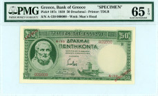Greece
Bank of Greece (ΤΡΑΠΕΖΑ ΤΗΣ ΕΛΛΑΔΟΣ)
50 Drachmai, 1st January 1939 SPECIMEN
S/N A-150 000000
Red 'SPECIMEN' and 'ΑΚΥΡΟΝ' overprints, diagonally...