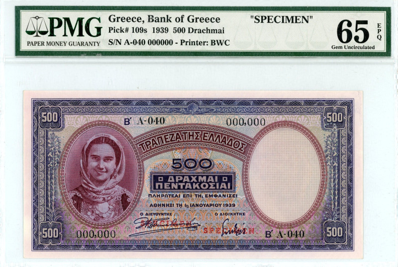Greece
Bank of Greece (ΤΡΑΠΕΖΑ ΤΗΣ ΕΛΛΑΔΟΣ)
500 Drachmai, 1st January 1939 SPECI...
