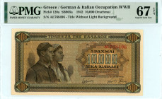 Greece
Bank of Greece (ΤΡΑΠΕΖΑ ΤΗΣ ΕΛΛΑΔΟΣ)
10.000 Drachmai, 29th December 1942
S/N AE 768496
Pick 120a; Pitidis 131b  Graded Superb Gem Uncirculated ...