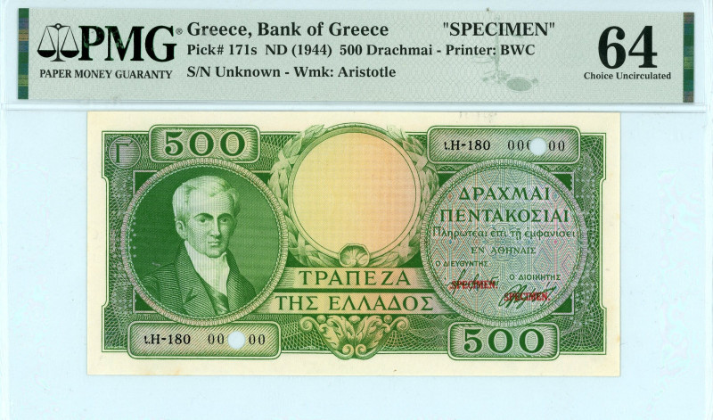 Greece
Bank of Greece (ΤΡΑΠΕΖΑ ΤΗΣ ΕΛΛΑΔΟΣ)
500 Drachmai 1945(1944) SPECIMEN
...