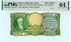 Greece
Bank of Greece (ΤΡΑΠΕΖΑ ΤΗΣ ΕΛΛΑΔΟΣ)
500 Drachmai 1945(1944) SPECIMEN
S/N ι.Η -180 00000
Two perfins ''CANCELLED'' right and ''SPECIMEN'' left....