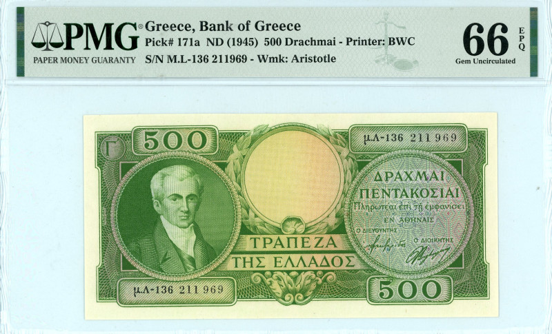 Greece
Bank of Greece (ΤΡΑΠΕΖΑ ΤΗΣ ΕΛΛΑΔΟΣ)
500 Drachmai ND (1945) 
S/N μ.Λ-136 ...