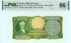 Greece
Bank of Greece (ΤΡΑΠΕΖΑ ΤΗΣ ΕΛΛΑΔΟΣ)
500 Drachmai ND (1945) 
S/N μ.Λ-136 211969. Watermark Aristotle
Pick 171a; Pitidis 153  Graded Gem Uncircu...