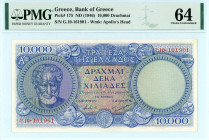 Greece
Bank of Greece (ΤΡΑΠΕΖΑ ΤΗΣ ΕΛΛΑΔΟΣ)
10.000 Drachmai 1946
S/N Γ.10-161901
Printer Bradbury, Wilkinson & Co
Pick 175; Pitidis 157  Graded Choice...