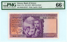 Greece
Bank of Greece (ΤΡΑΠΕΖΑ ΤΗΣ ΕΛΛΑΔΟΣ)
5000 Drachmai 1947
S/N M.05-555727
Printer Bradbury, Wilkinson & Co
Pick 177a; Pitidis 159  Graded Gem Unc...