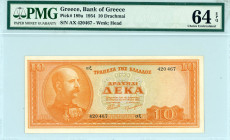 Greece
Bank of Greece (ΤΡΑΠΕΖΑ ΤΗΣ ΕΛΛΑΔΟΣ)
10 Drachmai, 15th May 1954 
S/N αξ 420467
Printer Bank of Greece Athens
Pick 189a; Pitidis 173  Graded Cho...