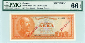 Greece
Bank of Greece (ΤΡΑΠΕΖΑ ΤΗΣ ΕΛΛΑΔΟΣ)
10 Drachmai, 1st March 1955 SPECIMEN 
S/N A.10 000000 Red 'SPECIMEN' overprint, diagonally perforated 'ΑΚΥ...