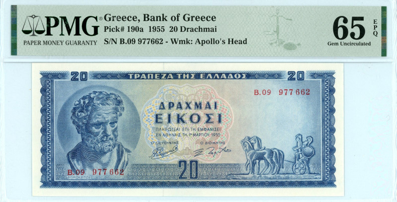 Greece
Bank of Greece (ΤΡΑΠΕΖΑ ΤΗΣ ΕΛΛΑΔΟΣ)
20 Drachmai, 1st March 1955
S/N B.09...