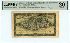 Greece
Civilian of Natl.Liberation
5 Okas, 5th June 1944
Handwritten S/N A/31382
Printer Eleftheri Ellada
Black stamp of Macedonia
Pick S161a; P...