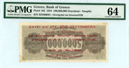 Greece
Nafplion 100 million Drachmai, 19th September 1944
S/N 586034 ΞΠ
Without signature or stamp
Pick 162; Pitidis 413b  Graded Choice Uncirculated ...