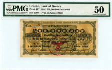 Greece
Trikala 200 million Drachmai, 1st October 1944
S/N ΖΝ 161530 
Trikala overprint ''Number 3399'' Red German Cachet
Pick 167; Pitidis 375  Graded...