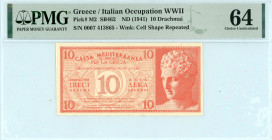 Greece
Italian occupation
Cassa Mediterranea lot with 2 banknotes. Comprising of 10 & 50 Drachmai ND (1941)
S/N 0007 413865 & S/N 0001 580408, resp.
P...