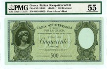 Greece
Italian occupation
Cassa Mediterranea 500 Drachmai ND (1941)
S/N 0001 046022
Pick M5; Pitidis 341  Graded About Uncirculated 55 PMG.