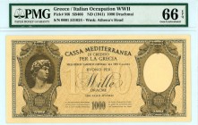 Greece
Italian occupation
Cassa Mediterranea 1000 Drachmai ND (1941)
S/N 0001 531024
Pick M6; Pitidis 342  Graded Gem Uncirculated 66 EPQ PMG. Top...
