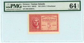 Greece
Italian occupation - Ionian Islands
Lot with 2 banknotes. Comprising of Isole Ionie 5 and 10 Drachmai ND(1941) S/N 004 059574 & 003 354153, res...
