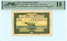 Greece
Italian occupation - Dodecanese Islands
50 Lire, 21st April 1944
S/N 14590
Block 2
Pick M24; Pitidis 354

Very rare.  Graded Choice Fine 15, sp...