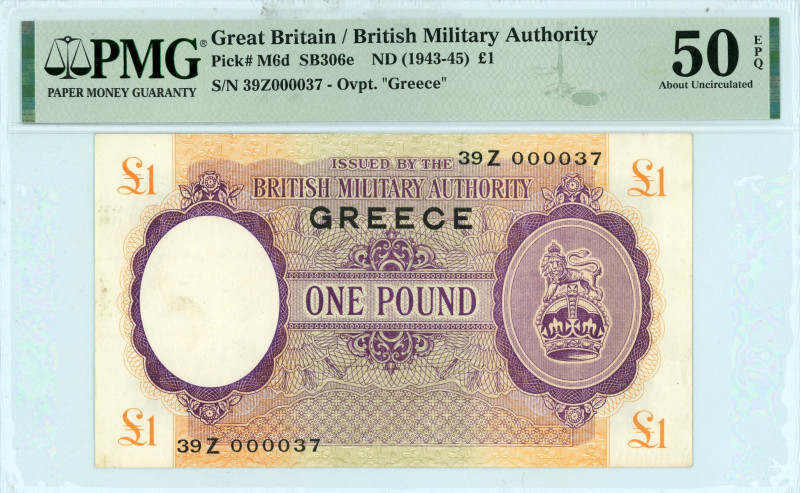 Greece
British Military Authority
1 Pound, (1943-1945)
S/N 39Z000036
Pick M6...