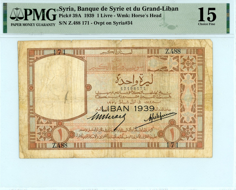 Lebanon
Banque de Syrie et du Grand Liban
1 Livre 1939
S/N Z.488 171
Ovrpt. LIBA...