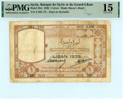 Lebanon
Banque de Syrie et du Grand Liban
1 Livre 1939
S/N Z.488 171
Ovrpt. LIBAN 1939 on Syria Pick 34
Pick A13  Graded Choice Fine 15, tape residue ...
