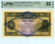 Lebanon
Banque de Syrie et du Liban
5 Livres, 1st September 1939
S/N K/BN 58731
Printer BWC
Blue Overprint, Type E
Pick 27d; PCLB 57e  Graded Very Fin...