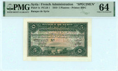 Syria / French Administration
Banque de Syrie
5 Piastres, 1st August 1919 SPECIMEN
Printer BWC
Pick 1s; PCLB 1  Graded Choice Uncirculated 64, previou...