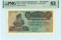 Syria / French Administration
Banque de Syrie
100 Piastres, 1st August 1919, SPECIMEN
Printer BWC
Pick 4s; PCLB 4  Graded Choice Uncirculated 63, prev...