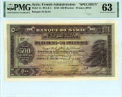 Syria / French Administration
Banque de Syrie
500 Piastres, 1st August 1919, SPECIMEN
Printer BWC
Pick 5s; PCLB 5  Graded Choice Uncirculated 63, prev...