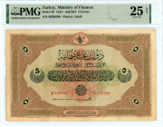 Turkey (Ottoman Empire)
Ministry of Finance, Law of 30 March AH/1331
5 Livres, AH1331
S/N B020696
Pick 70  Graded Very Fine 25 Net, tape repaired PMG....