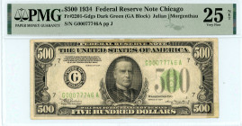 United States of America
Federal Reserve Note - Chicago
500 Dollars 1934
S/N G00077746A ppJ
Dark Green (GA Block) Julian / Morgenthau
Pick 434; Fr. 22...