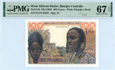 West African States
Banque Centrale
100 Francs ND (1959)
S/N W.273 20335 682420335
Woman's Head watermark
Pick 2b  Graded Superb Gem Uncirculated 67 E...