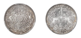 Germany (Empire), 1871-1918. 1/2 Mark, 1911E, Muldenhutten mint (KM17; J-16).

Exceptional details with silver-gold patina and superb lustrous fields....
