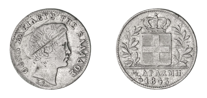 Greece, King Otto, 1832-1862. 1/2 Drachma, 1843(o), First Type, Athens mint, Owl...