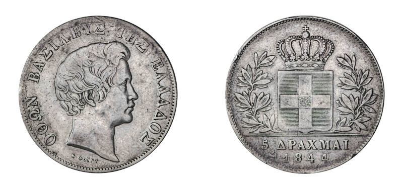 Greece, King Otto, 1832-1862. 5 Drachmai, 1844(o), First Type, Athens mint, Owl ...