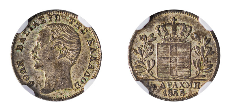 Greece, King Otto, 1832-1862. 1/4 Drachma, 1855, Second Type, Vienna mint (KM33;...